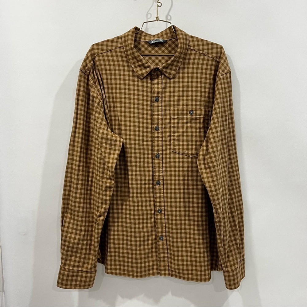 Stio Brown Tan Checkered Shirt Miter Stretch Lightweight Flannel Size XXL Comfy
